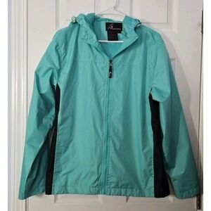 I5 Apparel Women Size Large Rain Coat Jacket Windbreaker Hooded Turquoise, Black
